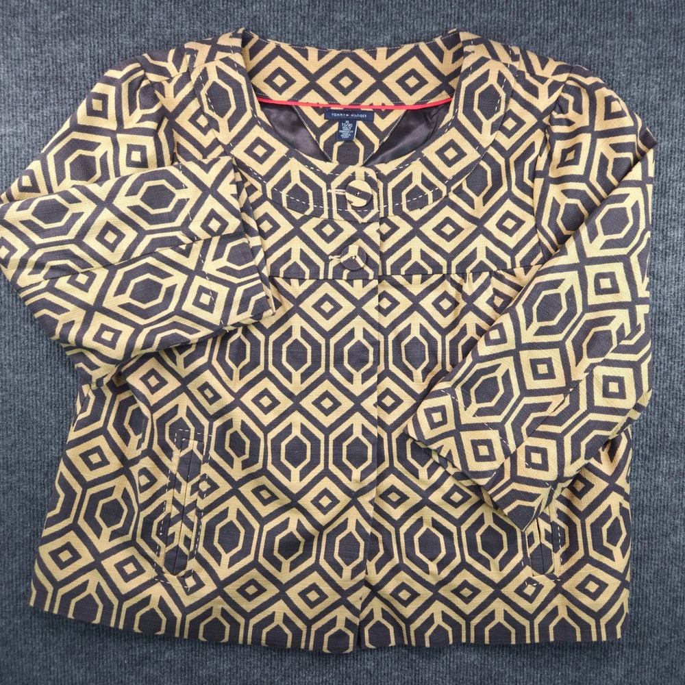 Tommy Hilfiger Jacket Womens XL Tan Brown Geometric Cotton Cropped Chic Blazer